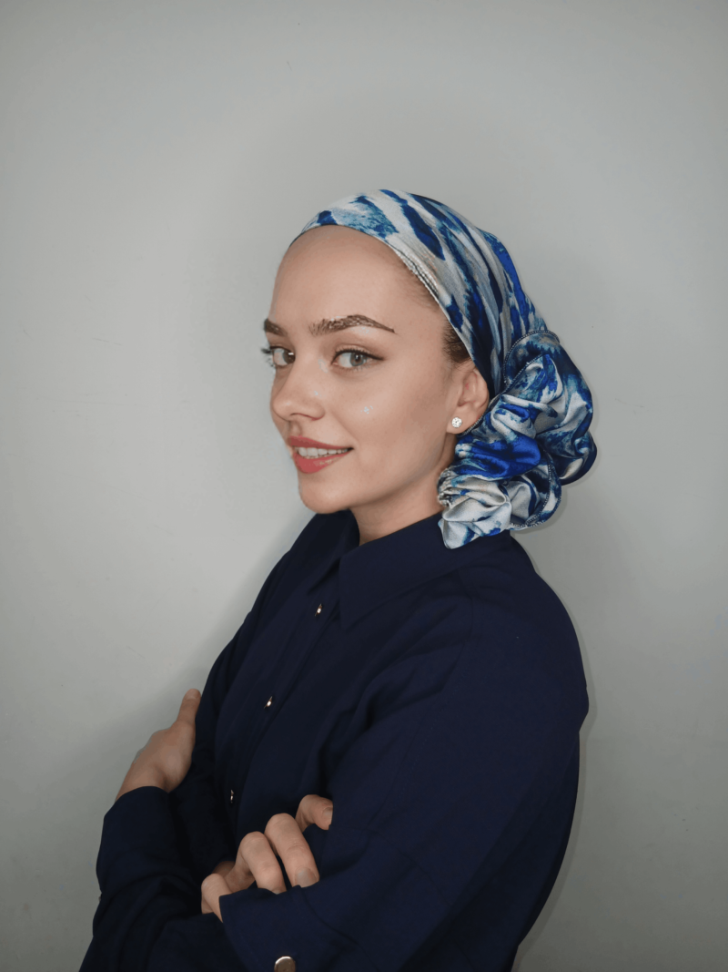 ⁦קרפ סאטן הדפס כחול אפור⁩ – תמונה ⁦4⁩